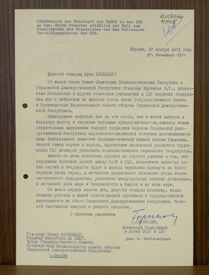 Glckwunschschreiben der Botschaft der UdSSR an Erich Honecker